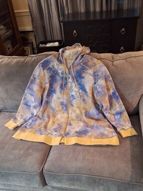 LOGO by Lori Goldstein Tie-Dye Zip Hoodie in Blue, Lavender and Mustard 2X